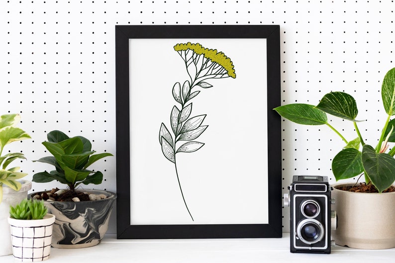 Modern Floral Printable Artwork, Green Bushy Flower with Leaves, 3.5x5, 4x6, 5x7, 8x10, 8.5x11 image 1