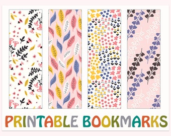 Autumn Printable Bookmarks, Colorful Flowers & Fall Leaf Pattern, 2x6 Set of 4