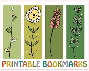 Printable Floral Bookmarks, 2x6 Green & Yellow Spring Flowers Page Makers