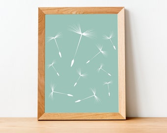 Flying Dandelions Printable Artwork, Mint Green Wall Decor, Whimsical Chalk Art, 4x6, 5x7, 8x10, 8.5x11, 11x14