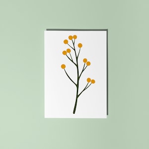 Op de afbeelding: Een witte kaart met een minimalistische botanische illustratie. Het kunstwerk toont een donkergroene stengel met verschillende gele, cirkelvormige bessen. De kaart staat tegen een lichtgroene achtergrond, wat een eenvoudige, natuurlijke esthetiek creëert.