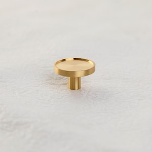 May include: A round, polished brass knob with a flat top and a cylindrical base.