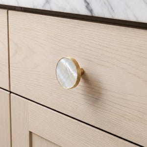 Può includere: Primo piano di un'anta di un mobile con un pomello rotondo in madreperla e base dorata. Il pomello è un elemento decorativo. La madreperla presenta riflessi iridescenti.