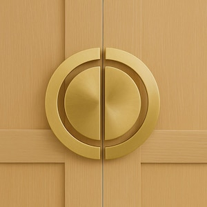 May include: Close-up of a pair of light wood cabinet doors featuring a large, gold-coloured circular handle. The handle is made up of two semi-circles and a surrounding ring, creating a modern, minimalist design.