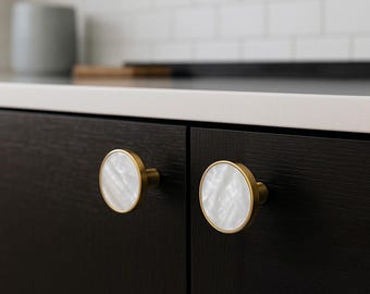Mid-Century Modern Brushed Brass Cabinet Knob: White Shell Inlay (1.5" Diameter)