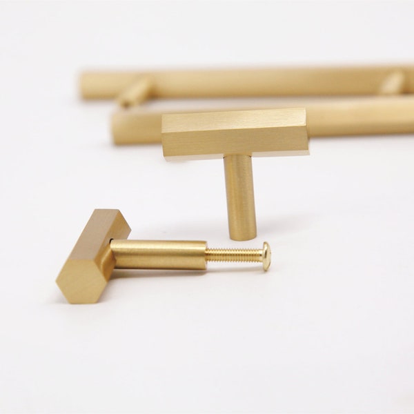 Mid Century Modern  Sold Brushed Brass Gold Hex T Knob for Cabinet Doors, Drawers, and Furniture
