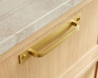 Mid-Century Modern Brass Bar Cabinet Pull with Backplate - 9 or 14 Inch