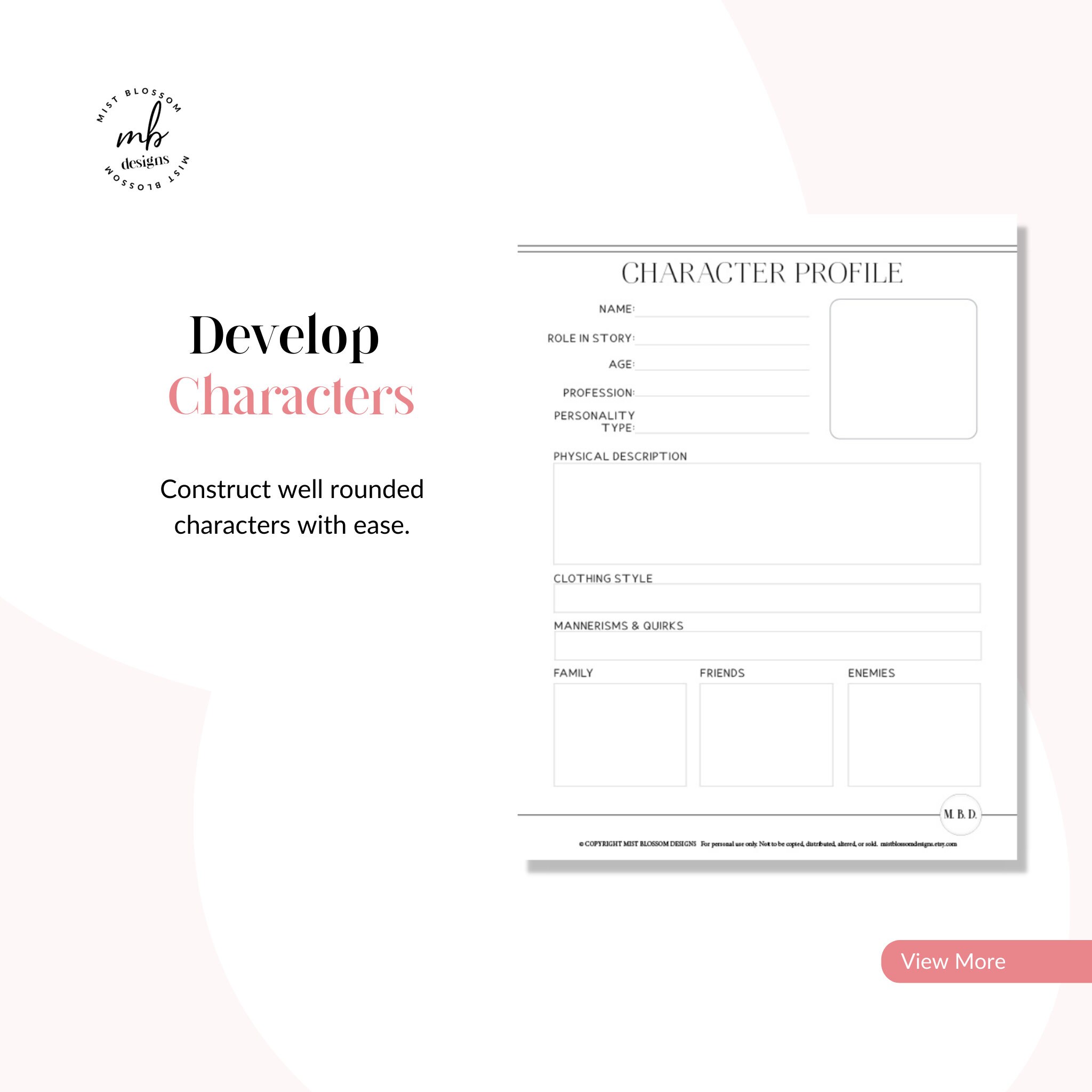 Character Profile Writing Worksheet Character Sketch | Etsy