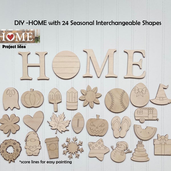 DIY HOME Interchangeable Wood shapes/ unfinished/Seasonal sign/ interchangeable pieces/ Home decor/Craft Night