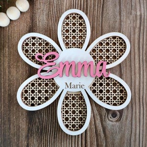 Baby Birth Stats Name Announcement Sign, Modern Flower Rattan Daisy Baby Name Sign for hospital, Newborn Photo Prop
