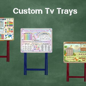 Könnte beinhalten: Drei individuelle TV-Tabletts mit Lernmotiven. Eines zeigt eine Multiplikationstabelle und eine Weltkarte. Ein anderes hat ein Einhorn-Thema. Das dritte hat ein Dinosaurier-Thema. Alle Tabletts haben farbenfrohe Grafiken und Metallbeine.