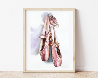 Ballet Pointe Shoes Watercolor Art Print, Ballerina Room Decor