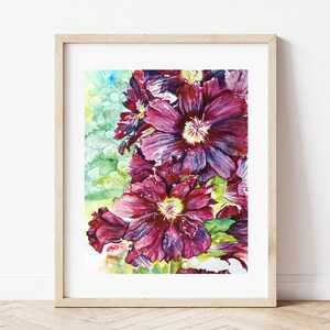 Purple Hollyhock Flower Watercolor Painting Art Print, Flower Wall Art Print, Hollyhock Painting, Floral Wall Art, Flower Painting