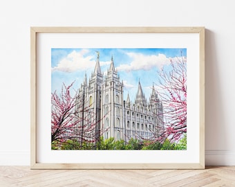 Salt Lake City Temple Watercolor Print, LDS Wall Art