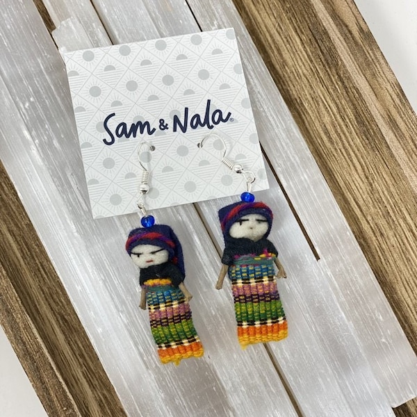 Guatemalan Worry Doll Dangle Earrings - Fabric Earrings - Unique Statement Earrings