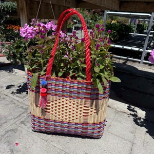 May include: A woven basket with a red handle and colorful stripes, filled with vibrant purple flowers. The basket has a tassel with blue, red, and yellow accents. The basket is sitting on a gray surface.