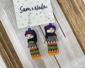 Handmade Worry Doll Earrings: Guatemalan Mayan Doll Statement Jewelry, Unique Boho Gift for Her