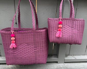 Handwoven Market Tote Bag • Recycled Plastic Basket Bag • Fair Trade Guatemala Artisan Made • Mauve Boho Tote • Eco Friendly Gift for Her