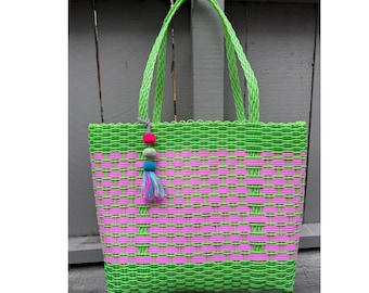 Handwoven Market Tote Bag Large • Recycled Plastic Basket Bag • Fair Trade Guatemala • Green Pink Boho Tote • Eco Friendly Gift for Her