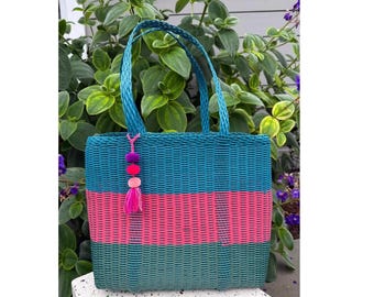 Handwoven Market Tote Bag • Recycled Plastic Basket Bag • Fair Trade Guatemala • Green Pink Boho Tote • Eco Friendly Gift for Her