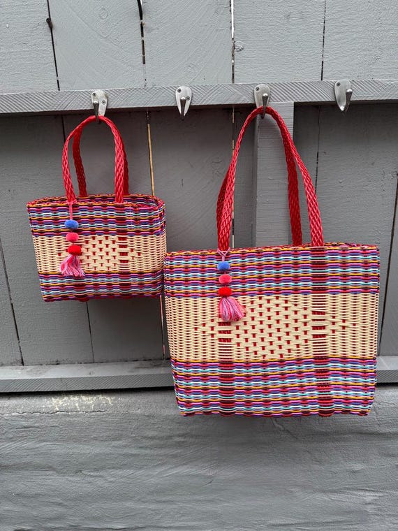 Handwoven Market Tote Bag • Recycled Plastic Basket Bag • Fair Trade Guatemala • Red Cream Multicolor Tote • Eco Friendly Gift for Her