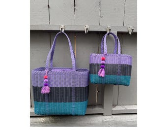 Handwoven Market Tote Bag • Recycled Plastic Basket Bag • Fair Trade Guatemala • Purple Teal Boho Tote • Eco Friendly Gift for Her
