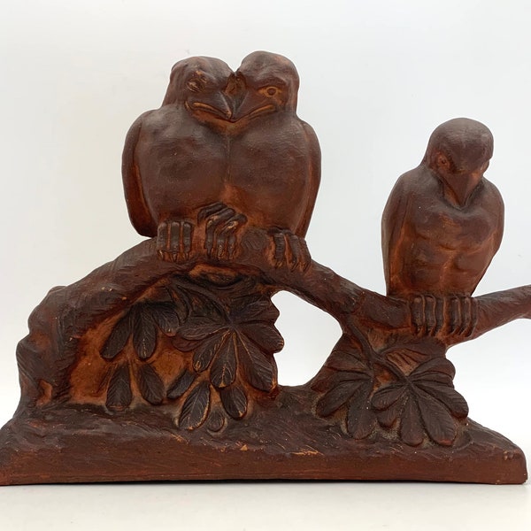 Oude terracotta "Vogels", gesigneerd en genummerd - Terracotta sculptuur / Oud beeldje / Rommelmarktdecoratie Frankrijk - 1900.
