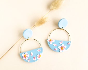 Cherry blossom hoop earrings, spring jewelry, lightweight floral statement, modern cute earrings, polymer clay flowers, sakura, gift for her