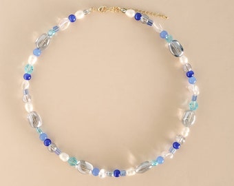 Handmade Freshwater pearl beaded necklace, Ocean theme jewelry, fun Y2K jewelry, white freshwater pearl, gift for her, Blue pearl choker