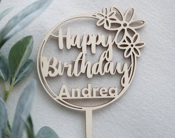 Personalized cake topper - Happy Birthday with desired name made of wood with flowers