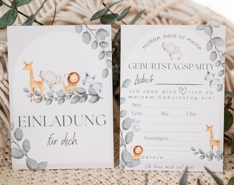 Children's birthday invitation cards for girls and boys, jungle animals invitations for children to fill out