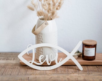 Personalized wooden fish for birth, baptism, communion, confirmation