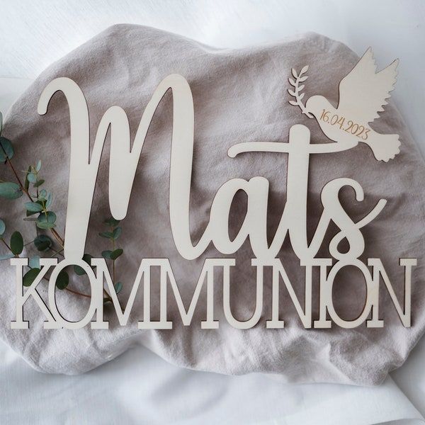Personalisierter Schriftzug Taube zur Kommunion Konfirmation Geburt Taufe