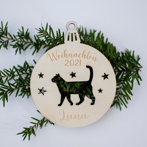 Weihnachtskugel Katze Kater mit Wunschname aus Holz - Weihnachten, Dekoration, Weihnachtszeit, Haustier, personalisiert