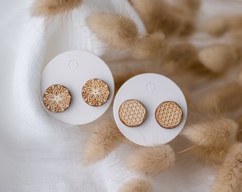 Ear studs round made of wood I flower of life I flower I mini ear studs I earrings I Christmas secret gift