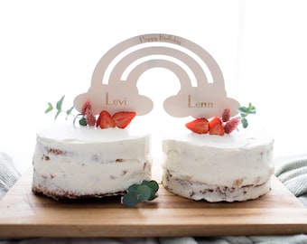 Caketopper arcoíris personalizado - Feliz cumpleaños o nuestro bautismo con 2 nombres de madera deseados, personalizados, gemelos