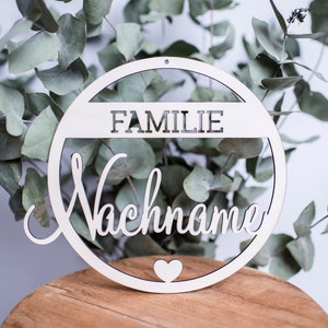 Personalized family sign made of wood with a heart, wooden name sign, family door sign, gift idea for moving in