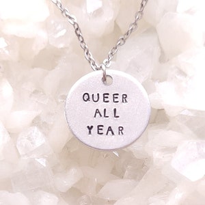 Queer All Year Pride Charm Necklace, LGBTQ+, 18&quot; Stainless steel chain