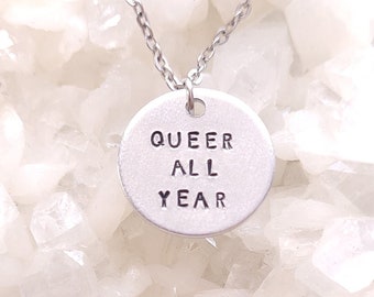 Queer All Year Pride Charm Necklace, LGBTQ+, 18" Stainless steel chain