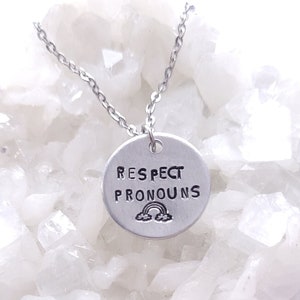 Respect Pronouns Rainbow Charm Necklace, LGBTQ, 18&quot; Stainless Steel Chain