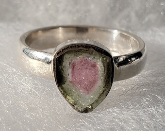 Può includere: Un anello d'argento con una pietra preziosa rosa e verde incastonata a forma di scudo.
