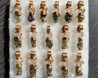 Moldavite and Herkimer Diamond Pendant Necklace || Natural Raw Genuine || Brass Wire Wrapped Pendant || Authenticity Certificate