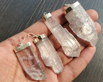 BIG KUNZITE Sterling Silver Pendant || High Quality! || Lilic Colored Kunzite + Crystal Clear Quality! || Cat Eye Effect! || Etched Kunzite!