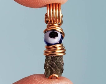 Moldavite & Blue Evil Eye Pendant || Brass Wire Wrapped Pendant