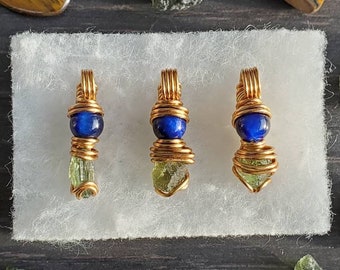 MOLDAVITE & Blue TIGER'S EYE Pendant || Brass Wire Wrapped Pendant