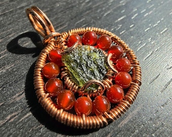 Moldavite & Carnelian Pendant || "Ring of Fire" Pendant || Handmade Pure Copper Wire Wrapped Pendant
