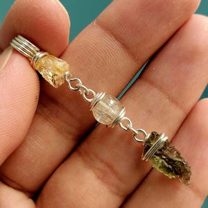 Moldavite, Phenakite & Libyan Desert Glass Tektite Pendant || Genuine STERLING SILVER Wire Wrapped Pendant || All Natural and Authentic Gems