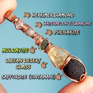 Moldavite, Libyan Desert Glass, Phenakite, Saffordite (Cintamani), Herkimer Diamond & Watermelon Tourmaline Slice Pendant || Copper Wire