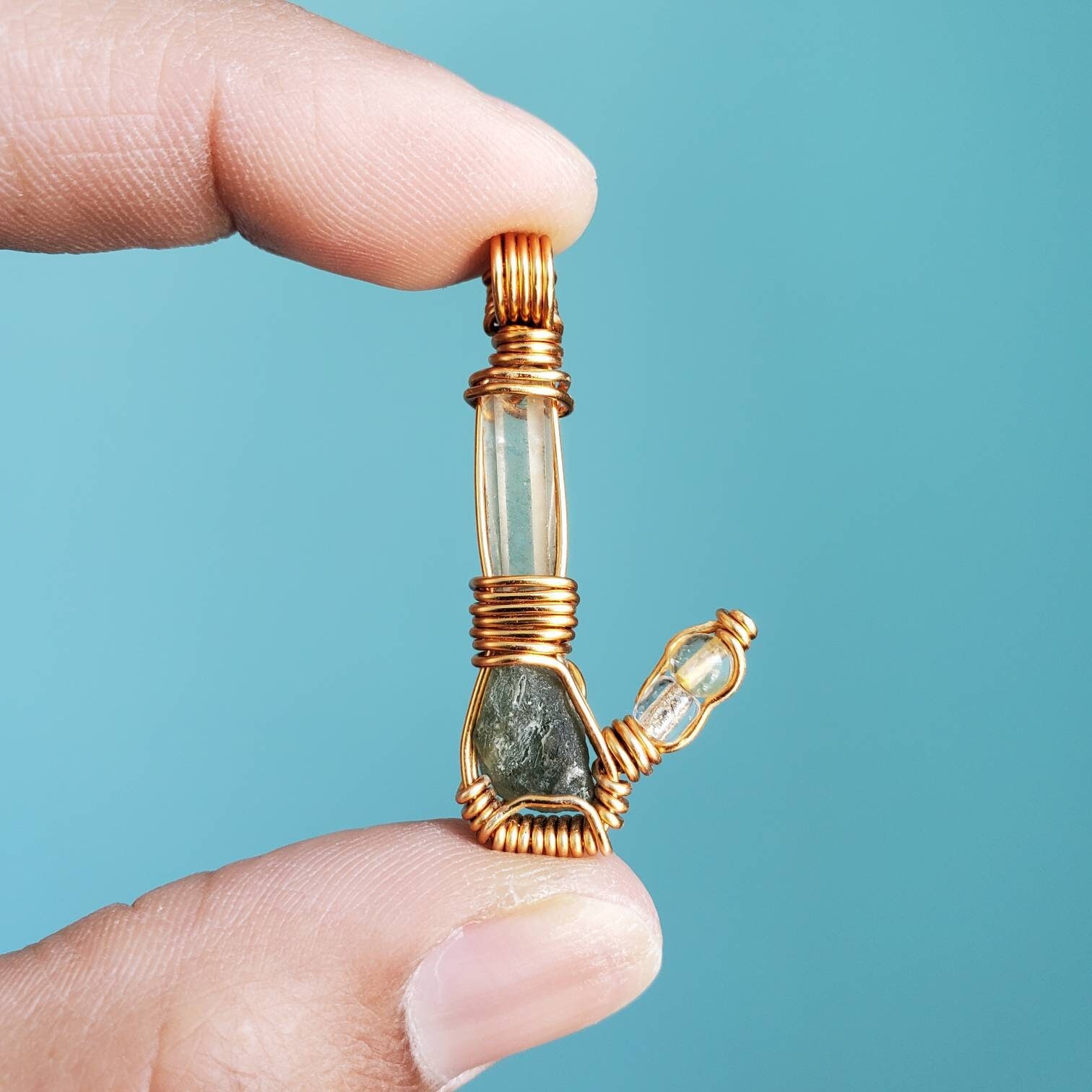 MOLDAVITE & African CITRINE Bong Pendant || Natural Raw Genuine || Brass Wire Wrapped Pendant