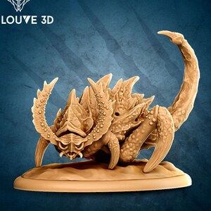 May include: A detailed, beige, 3D printed miniature of a scorpion-like creature with a spiky, segmented body and a long, curled tail. The creature has multiple legs and a head with a pointed snout.